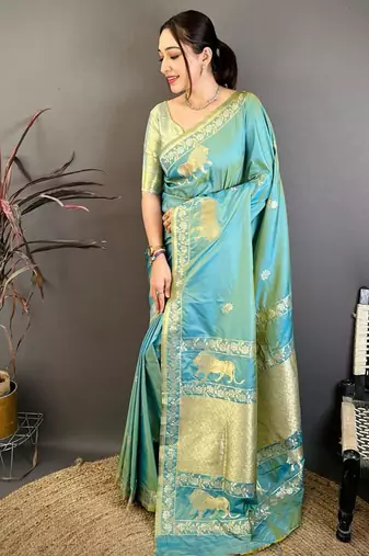 Banarasi silk blend handloom with gold zari saree with blouse