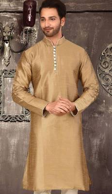 Beige dupion art silk  kurta with pattern work and 8 button churidar 1