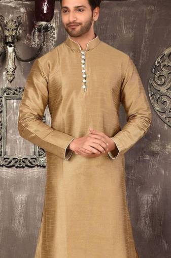 Beige dupion art silk  kurta with pattern work and 8 button churidar