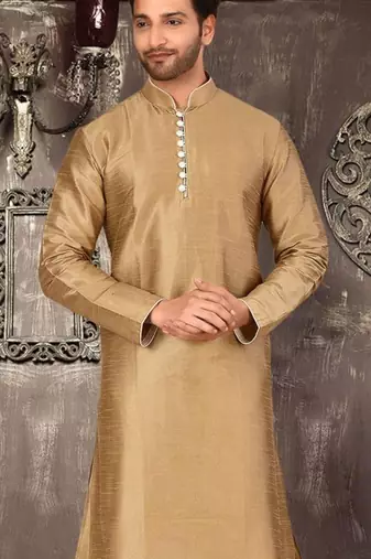 Beige dupion art silk  kurta with pattern work and 8 button churidar