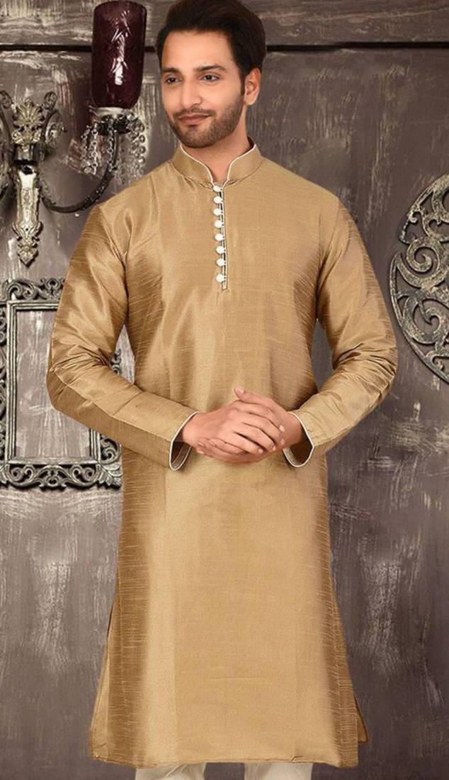 Beige dupion art silk  kurta with pattern work and 8 button churidar