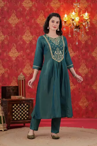 Teal Floral Zari Embroidered A-Line Tissue Kurta Set-2