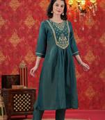Teal Floral Zari Embroidered A-Line Tissue Kurta Set-2