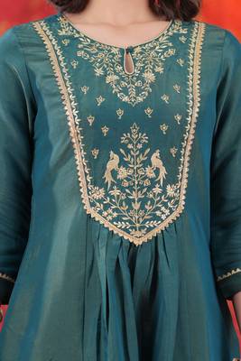Teal Floral Zari Embroidered A-Line Tissue Kurta Set-2 2