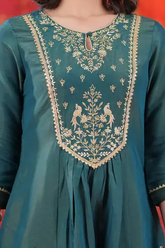 Teal Floral Zari Embroidered A-Line Tissue Kurta Set-2