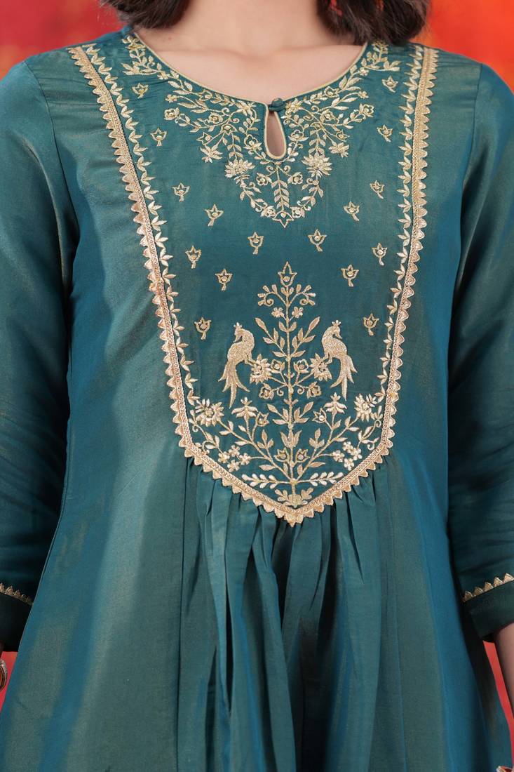 Teal Floral Zari Embroidered A-Line Tissue Kurta Set-2