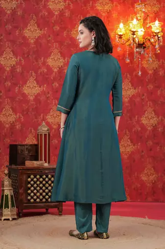 Teal Floral Zari Embroidered A-Line Tissue Kurta Set-2
