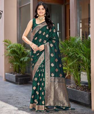 Women's traditional green banarasi saree rich jacquard weaving, gold zari floral jaal design party wear & festive saree 1
