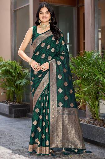 Women's traditional green banarasi saree rich jacquard weaving, gold zari floral jaal design party wear & festive saree