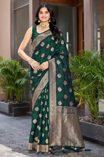 Women's traditional green banarasi saree rich jacquard weaving, gold zari floral jaal design party wear & festive saree