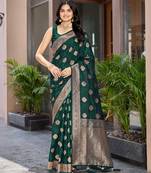 Women's traditional green banarasi saree rich jacquard weaving, gold zari floral jaal design party wear & festive saree