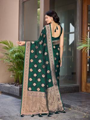 Women's traditional green banarasi saree rich jacquard weaving, gold zari floral jaal design party wear & festive saree 2