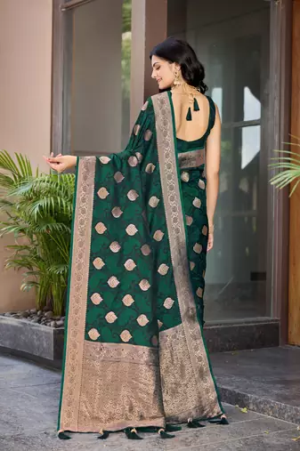 Women's traditional green banarasi saree rich jacquard weaving, gold zari floral jaal design party wear & festive saree