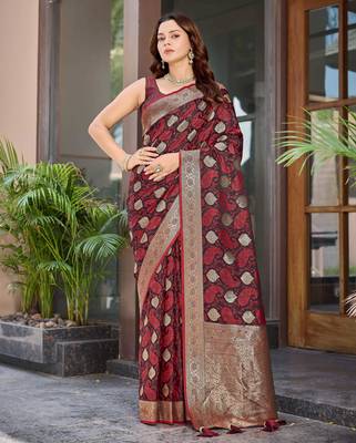 Women's traditional maroon banarasi saree rich jacquard weaving, gold zari floral jaal design party wear & festive saree 1