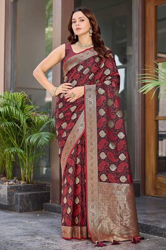Women's traditional maroon banarasi saree rich jacquard weaving, gold zari floral jaal design party wear & festive saree