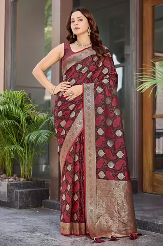 Women's traditional maroon banarasi saree rich jacquard weaving, gold zari floral jaal design party wear & festive saree