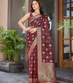 Women's traditional maroon banarasi saree rich jacquard weaving, gold zari floral jaal design party wear & festive saree