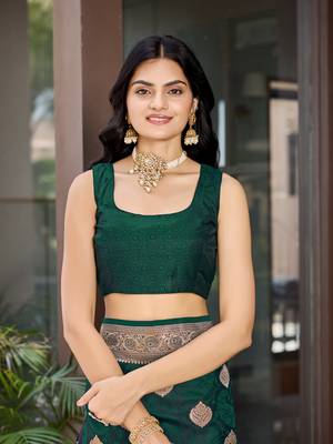 Women's traditional green banarasi saree rich jacquard weaving, gold zari floral jaal design party wear & festive saree 4