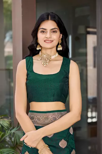 Women's traditional green banarasi saree rich jacquard weaving, gold zari floral jaal design party wear & festive saree