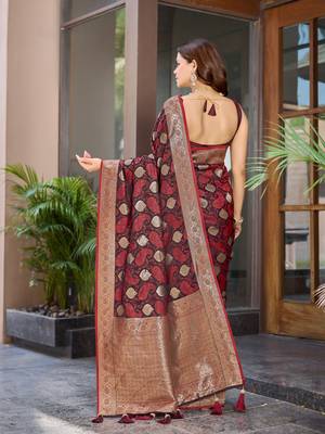 Women's traditional maroon banarasi saree rich jacquard weaving, gold zari floral jaal design party wear & festive saree 2