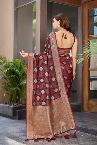 Women's traditional maroon banarasi saree rich jacquard weaving, gold zari floral jaal design party wear & festive saree