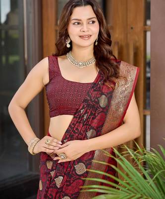 Women's traditional maroon banarasi saree rich jacquard weaving, gold zari floral jaal design party wear & festive saree 3