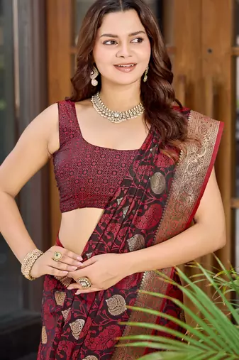 Women's traditional maroon banarasi saree rich jacquard weaving, gold zari floral jaal design party wear & festive saree