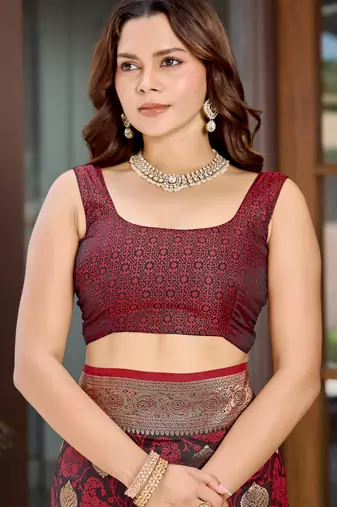 Women's traditional maroon banarasi saree rich jacquard weaving, gold zari floral jaal design party wear & festive saree