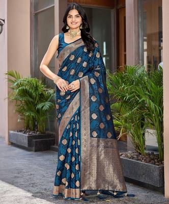Women's traditional blue banarasi saree rich jacquard weaving, gold zari floral jaal design party wear & festive saree 1