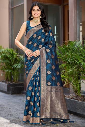Women's traditional blue banarasi saree rich jacquard weaving, gold zari floral jaal design party wear & festive saree