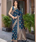 Women's traditional blue banarasi saree rich jacquard weaving, gold zari floral jaal design party wear & festive saree