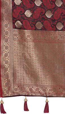 Women's traditional maroon banarasi saree rich jacquard weaving, gold zari floral jaal design party wear & festive saree 5