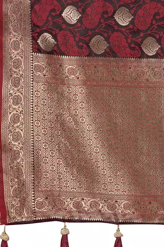 Women's traditional maroon banarasi saree rich jacquard weaving, gold zari floral jaal design party wear & festive saree