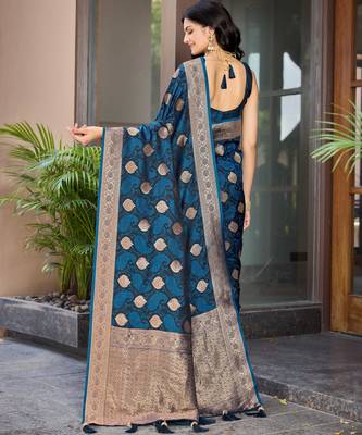 Women's traditional blue banarasi saree rich jacquard weaving, gold zari floral jaal design party wear & festive saree 2