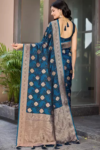 Women's traditional blue banarasi saree rich jacquard weaving, gold zari floral jaal design party wear & festive saree