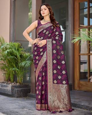 Women's traditional wine banarasi saree rich jacquard weaving, gold zari floral jaal design party wear & festive saree 1