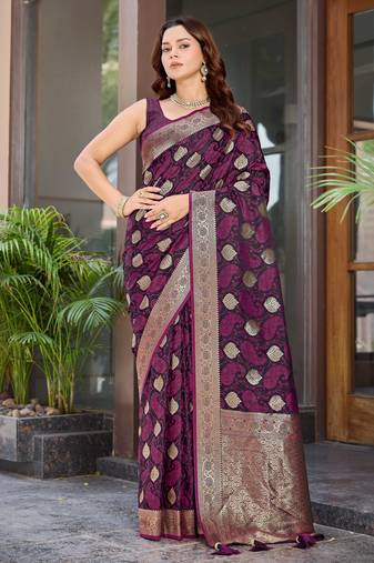Women's traditional wine banarasi saree rich jacquard weaving, gold zari floral jaal design party wear & festive saree