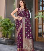 Women's traditional wine banarasi saree rich jacquard weaving, gold zari floral jaal design party wear & festive saree