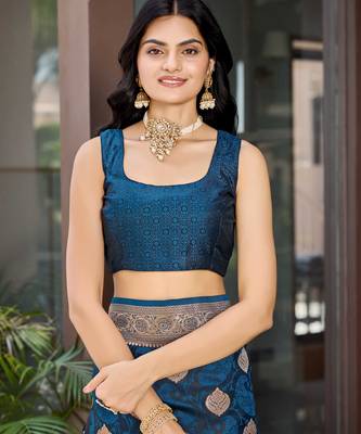 Women's traditional blue banarasi saree rich jacquard weaving, gold zari floral jaal design party wear & festive saree 4