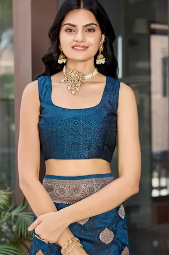 Women's traditional blue banarasi saree rich jacquard weaving, gold zari floral jaal design party wear & festive saree