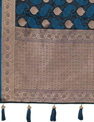 Women's traditional blue banarasi saree rich jacquard weaving, gold zari floral jaal design party wear & festive saree 5
