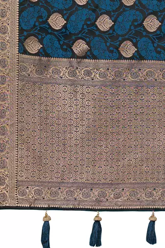 Women's traditional blue banarasi saree rich jacquard weaving, gold zari floral jaal design party wear & festive saree