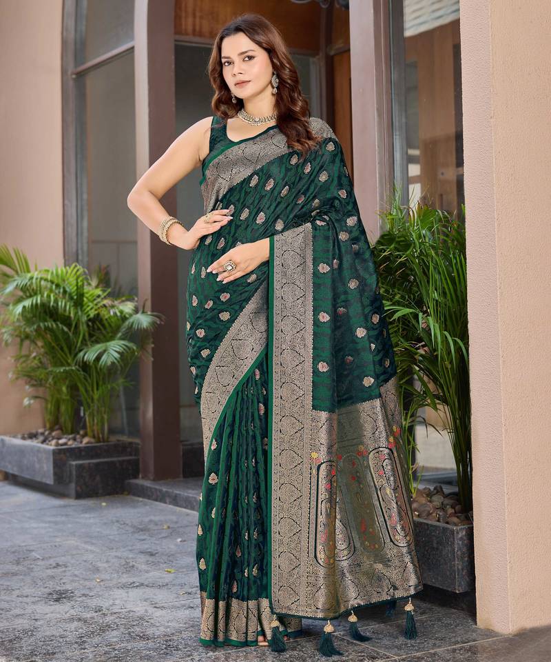 Women's premium green banarasi silk blend saree with heavy zari weaving and designer pallu | ethnic wedding saree