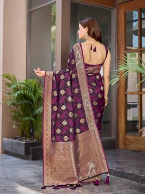 Women's traditional wine banarasi saree rich jacquard weaving, gold zari floral jaal design party wear & festive saree 2