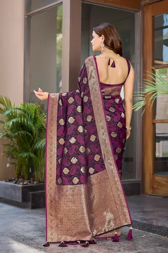 Women's traditional wine banarasi saree rich jacquard weaving, gold zari floral jaal design party wear & festive saree