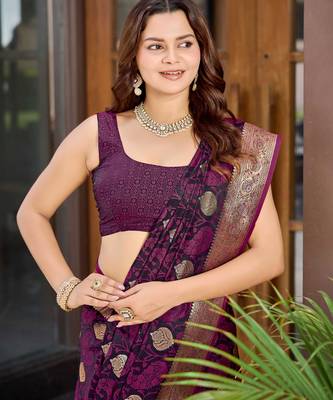 Women's traditional wine banarasi saree rich jacquard weaving, gold zari floral jaal design party wear & festive saree 3