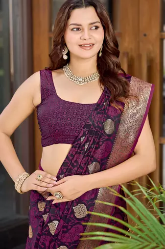 Women's traditional wine banarasi saree rich jacquard weaving, gold zari floral jaal design party wear & festive saree