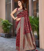 Women's premium maroon banarasi silk blend saree with heavy zari weaving and designer pallu | ethnic wedding saree