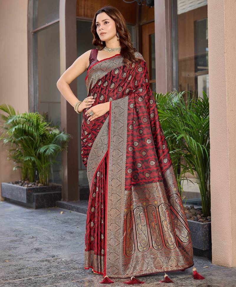 Women's premium maroon banarasi silk blend saree with heavy zari weaving and designer pallu | ethnic wedding saree