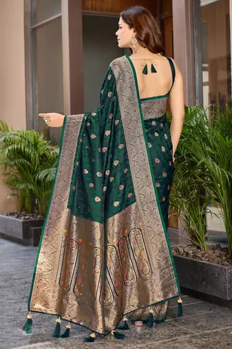 Women's premium green banarasi silk blend saree with heavy zari weaving and designer pallu | ethnic wedding saree